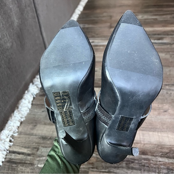 Black Stiletto Pointy Toe Heels with Patent Leather Mary Jane Strap - Picture 7 of 11